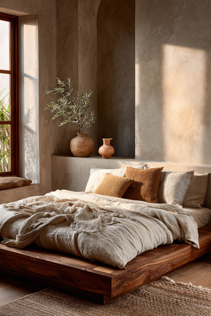 Japandi bedroom with low wood platform bed, neutral linen bedding, olive branch decor, and warm natural sunlight on textured walls