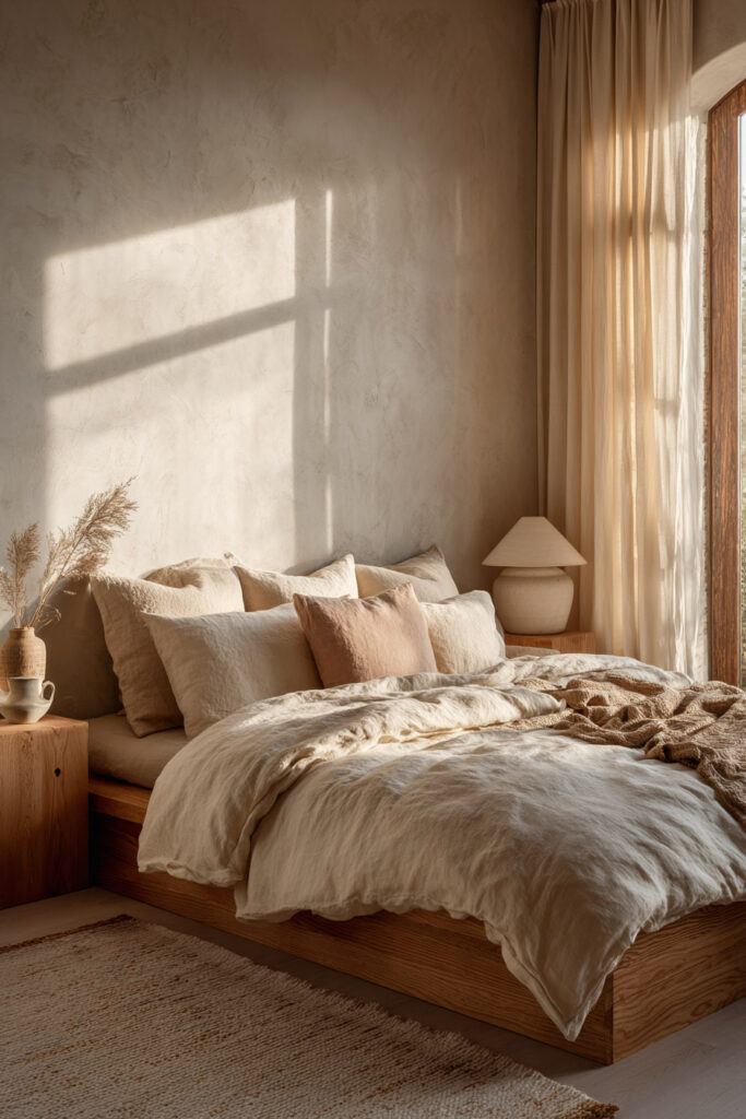 Japandi bedroom with soft neutral linen bedding, low wood platform bed, sheer curtains, ceramic lamp, and warm natural sunlight