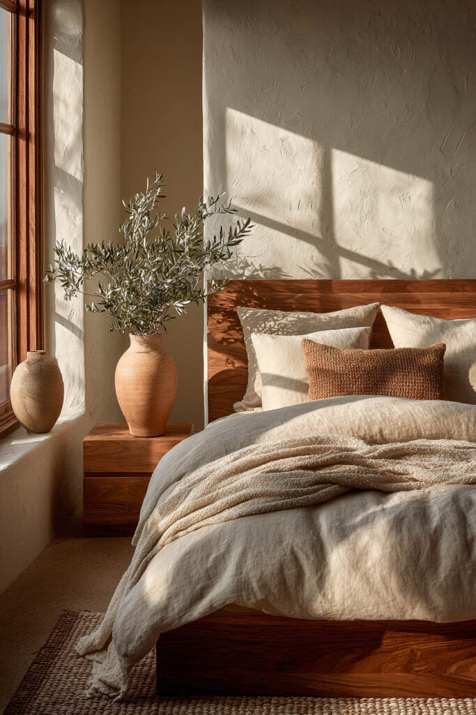 Japandi bedroom with neutral linen bedding, wood bed frame, olive branch decor, textured wall, and warm sunlight through window