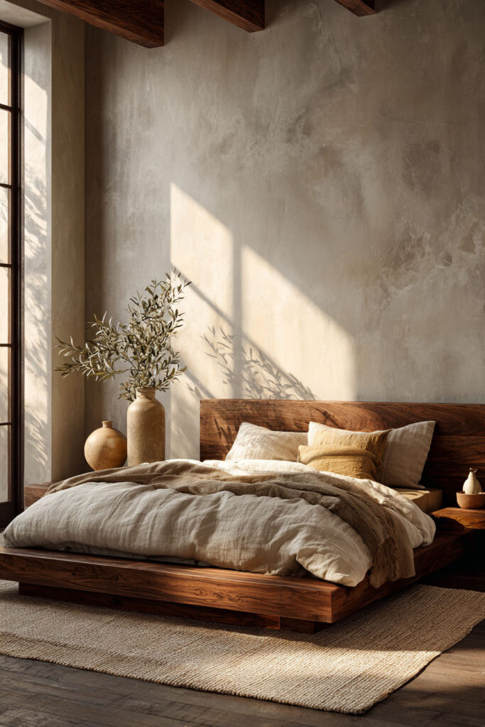 Japandi bedroom with wood platform bed, neutral linen bedding, plaster wall, ceramic decor, olive branches, and warm sunlight