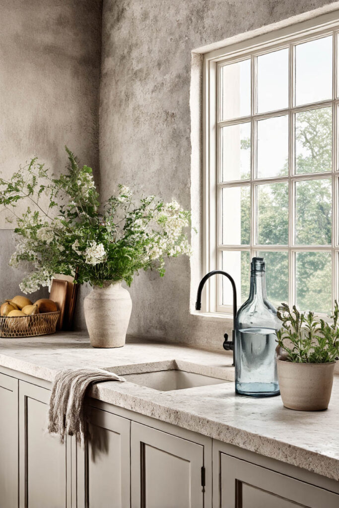 Kitchen with natural stone countertops, textured plaster walls, and sunlight streaming through a large window