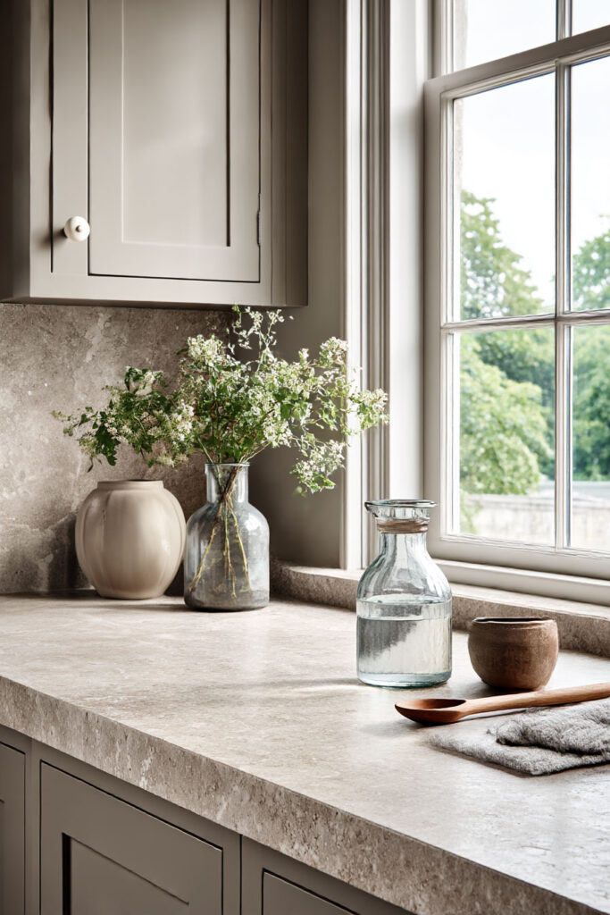 natural stone kitchen countertop with neutral cabinets and simple styling in soft organic modern kitchen