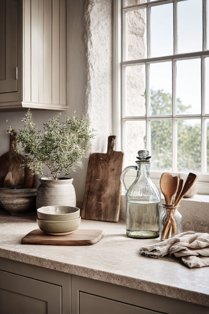 natural stone kitchen countertop with wood cutting boards, ceramic bowls and kitchen styling decor in warm neutral tones