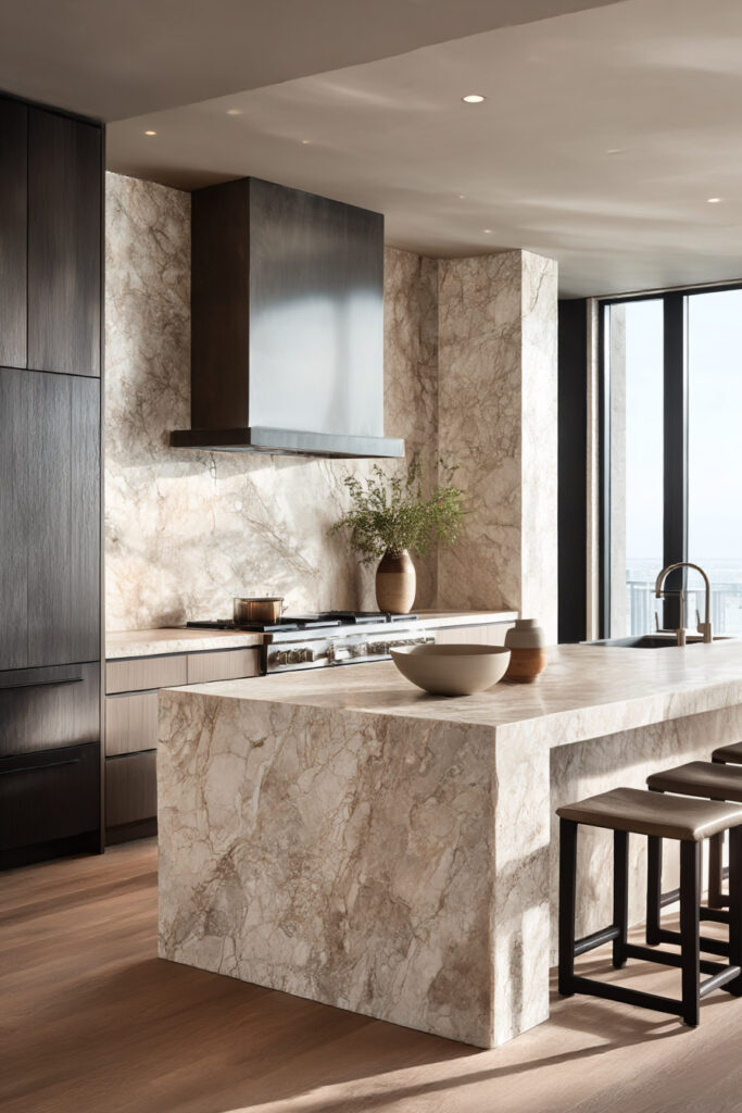 natural stone kitchen countertops with full slab island and backsplash, marble kitchen design with organic modern style