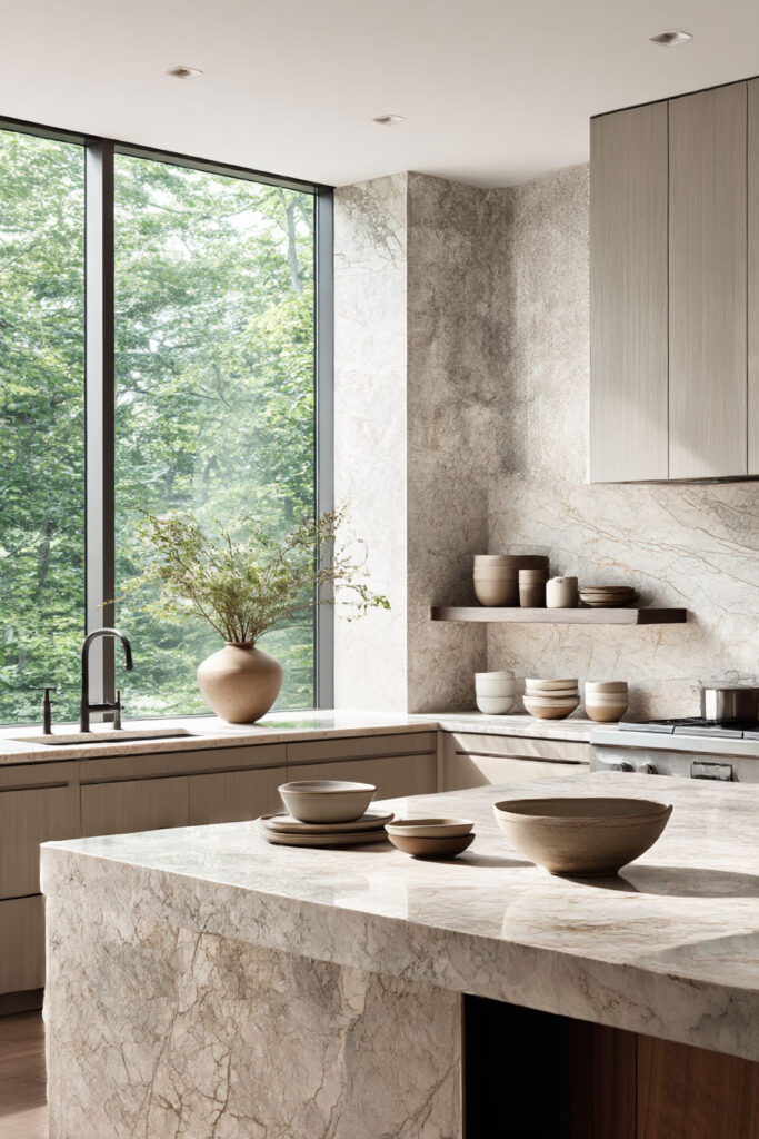 natural stone kitchen countertops with light wood cabinets and neutral modern kitchen design with organic textures and large window light