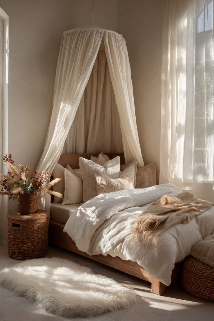 neutral little girls bedroom with soft canopy bed, linen bedding, woven decor, and warm natural sunlight
