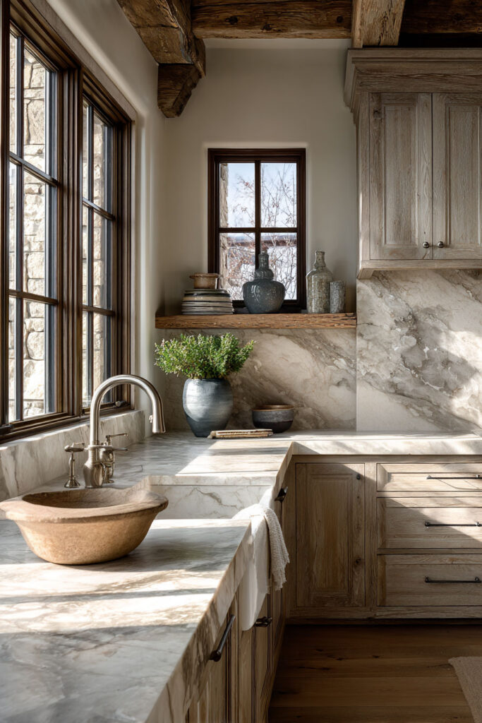 Organic modern kitchen with natural stone countertops, warm wood cabinets, farmhouse sink, and large windows bringing in natural light.