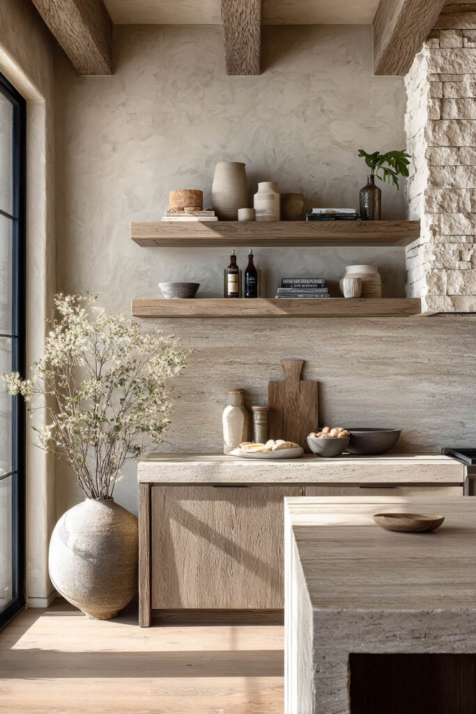 Organic modern kitchen with stone countertops, wood cabinets, floating wood shelves, and clay decor in warm neutral tones.