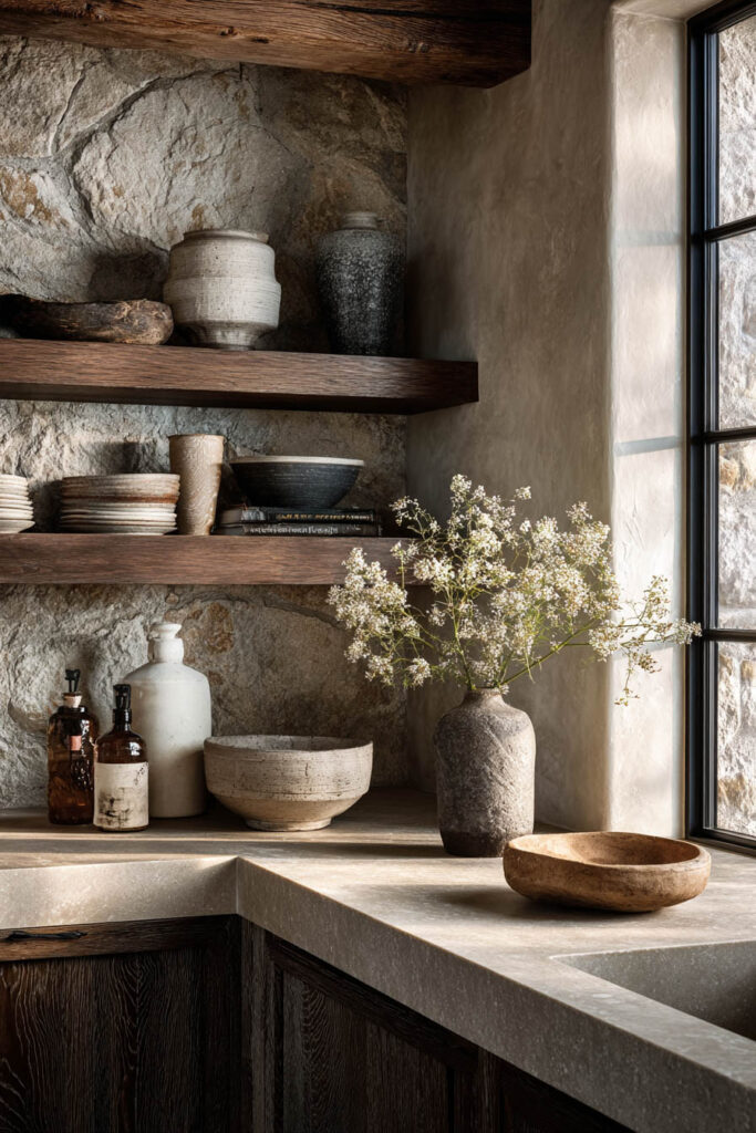 Organic modern kitchen with stone countertops, rustic wood floating shelves, natural stone wall, and ceramic decor in warm earthy tones.