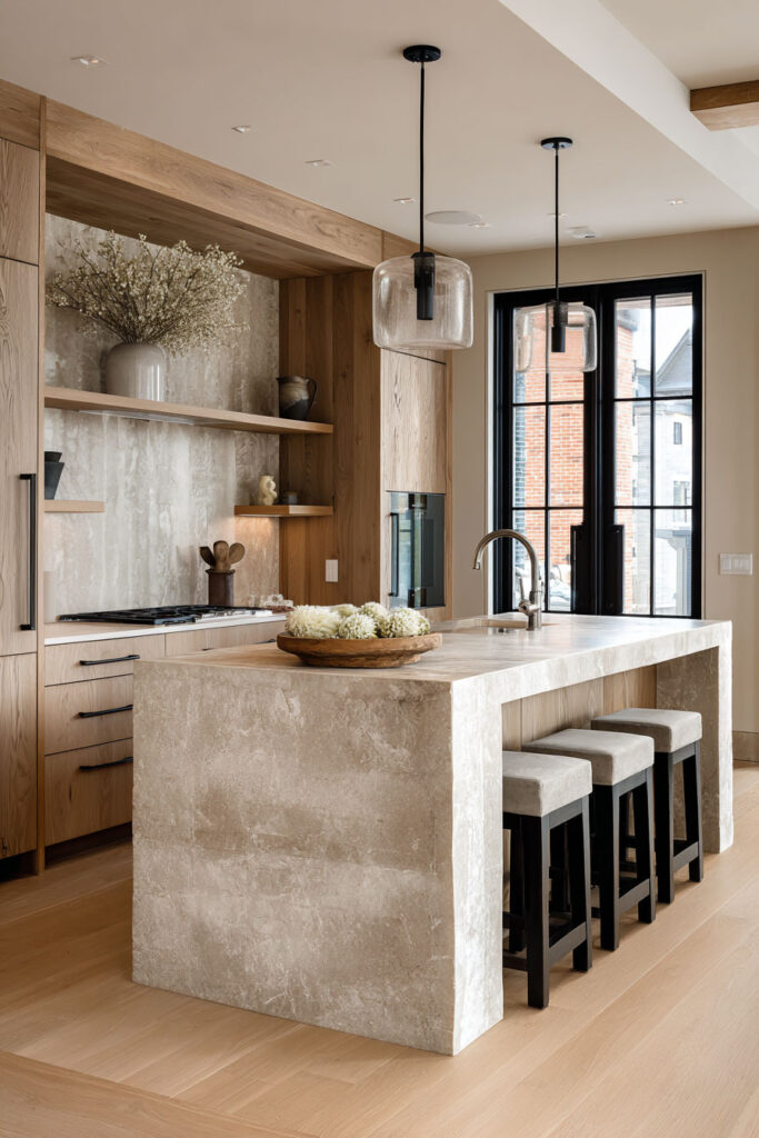 Organic modern kitchen with stone waterfall island, warm wood cabinetry, open shelving, and natural materials creating a calm earthy interior.
