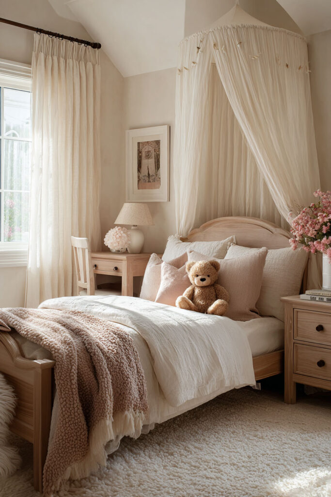 cozy neutral little girls bedroom with wooden bed, soft canopy, blush pillows, teddy bear, and warm natural light