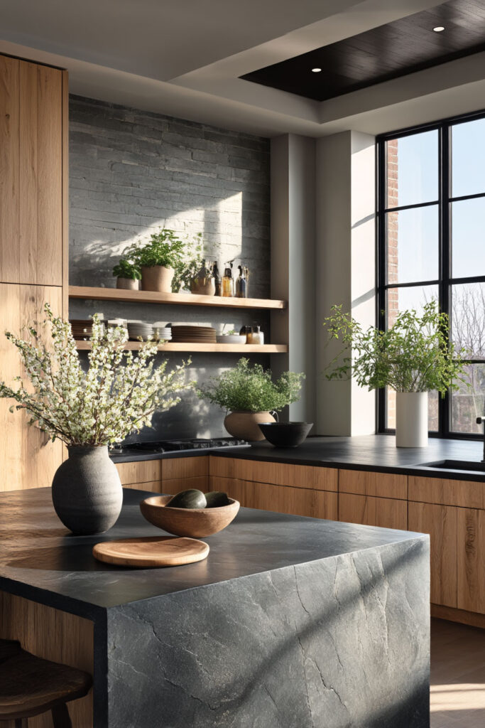 dark natural stone kitchen island with warm wood cabinets modern kitchen with open shelving and organic styling