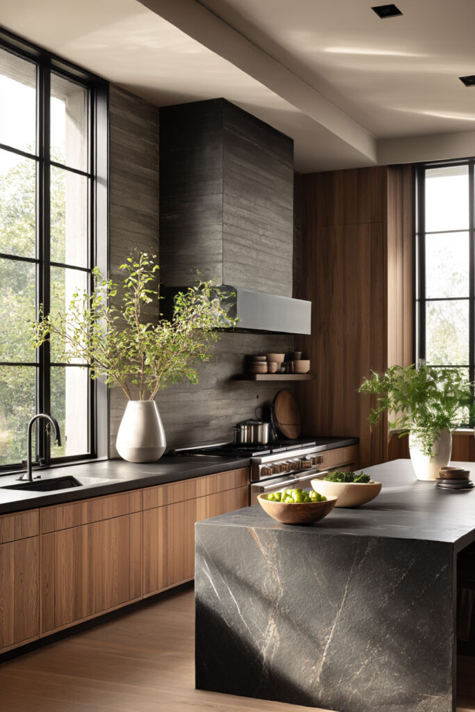 dark natural stone kitchen island with warm wood cabinets and modern kitchen design, organic modern kitchen with large windows and natural light