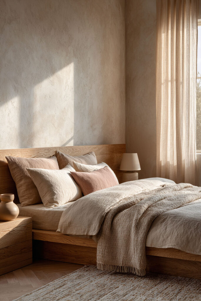 Japandi bedroom with neutral linen bedding, wood bed frame, soft beige and blush pillows, plaster wall, and warm natural light