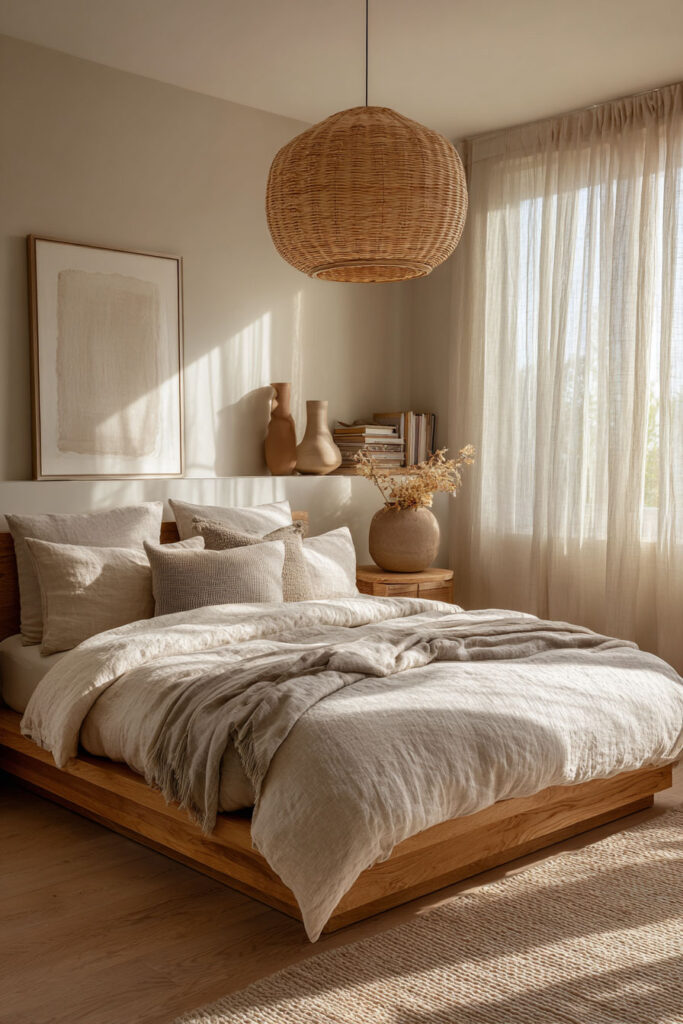 Japandi bedroom with low wood bed, neutral linen bedding, rattan pendant light, soft beige walls, and sheer curtains with natural sunlight