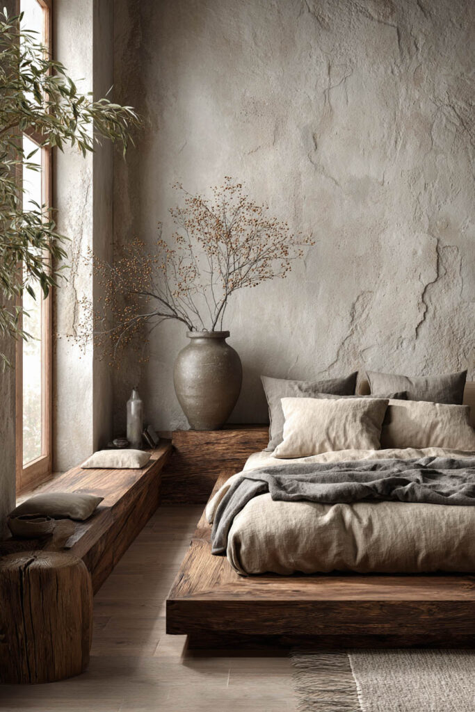Japandi bedroom with rustic wood platform bed, neutral linen bedding, textured plaster wall, large ceramic vase, and window light