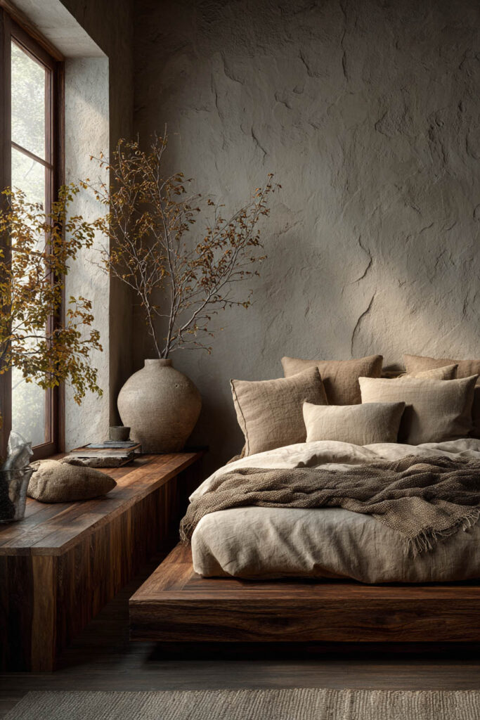 Japandi bedroom with low wood platform bed, neutral linen bedding, textured plaster walls, and large window with natural light and earthy decor