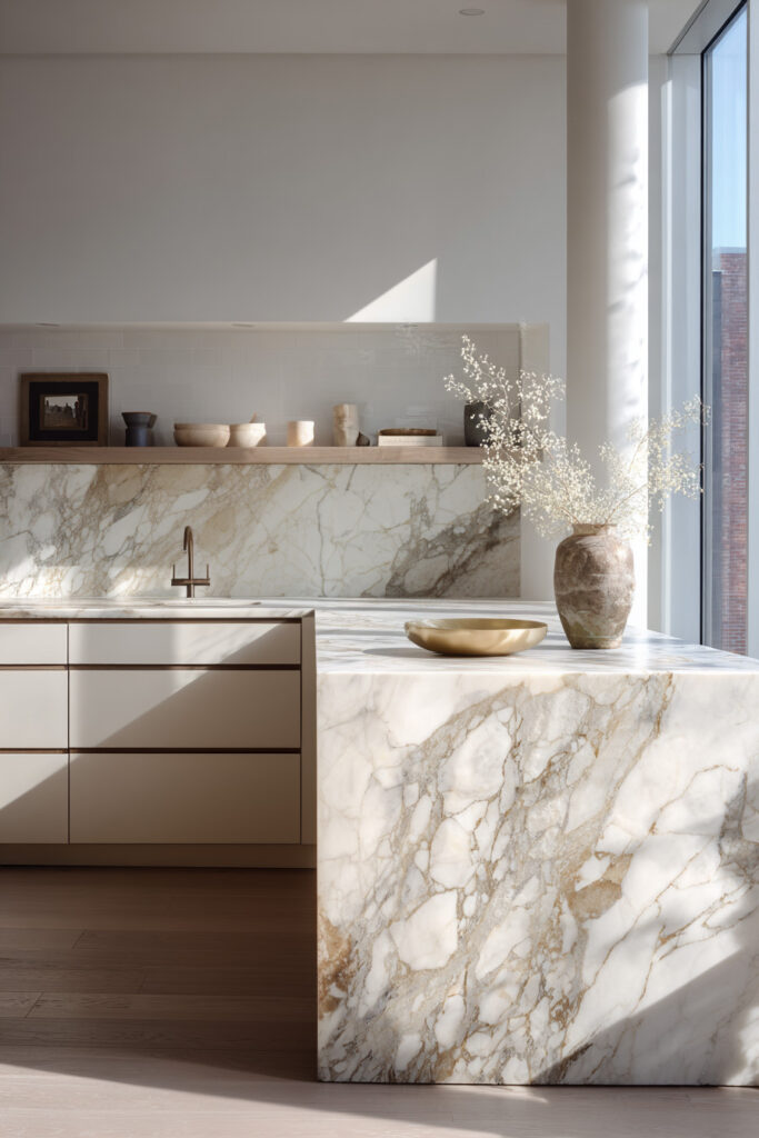 marble waterfall kitchen island with soft veining and minimal cabinetry in modern organic kitchen design