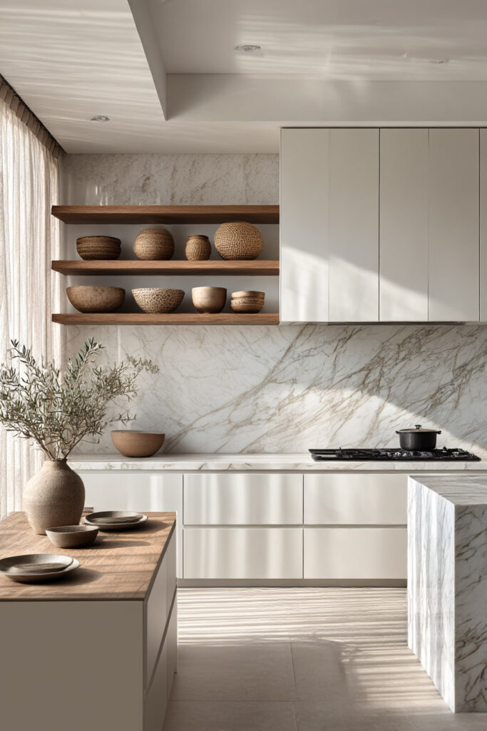 Modern kitchen with natural marble countertops, open wood shelves, and neutral cabinetry with sunlight streaming in