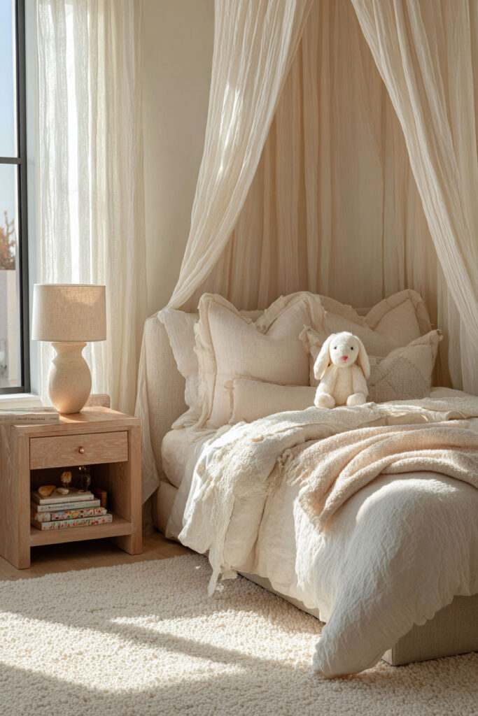 Neutral little girls bedroom with soft canopy bed, layered textured bedding, plush bunny toy, and wooden nightstand with lamp.