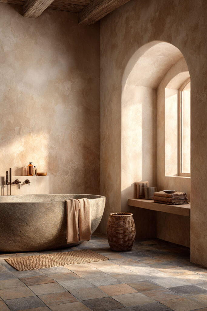 Organic modern bathroom with a stone soaking tub, clay tile flooring, plaster walls, and warm natural light.