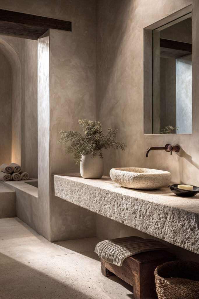 Organic modern bathroom with stone vanity, textured plaster walls, clay vessel sink, and spa-like natural materials design.