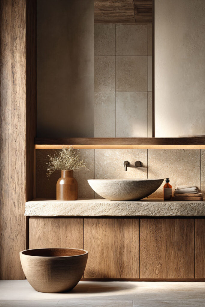 Organic modern bathroom with stone vessel sink, warm wood vanity, clay tile wall, and natural earthy textures.
