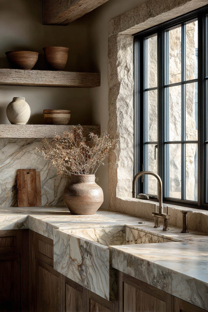 Organic modern kitchen with marble countertops, warm wood cabinets, open wood shelves, and natural pottery decor.