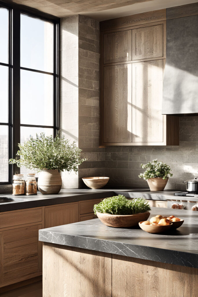 warm wood kitchen cabinets with gray natural stone countertops, organic modern kitchen with earthy neutral tones and natural light