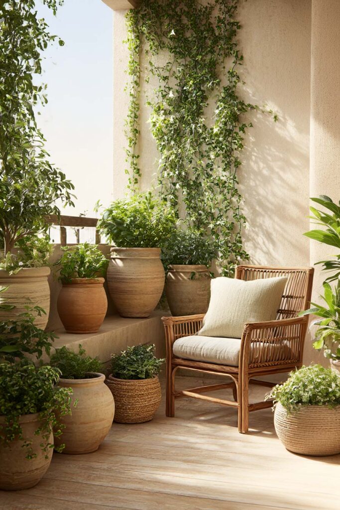 container garden styling with terracotta pots woven planters and greenery on cozy balcony with rattan chair