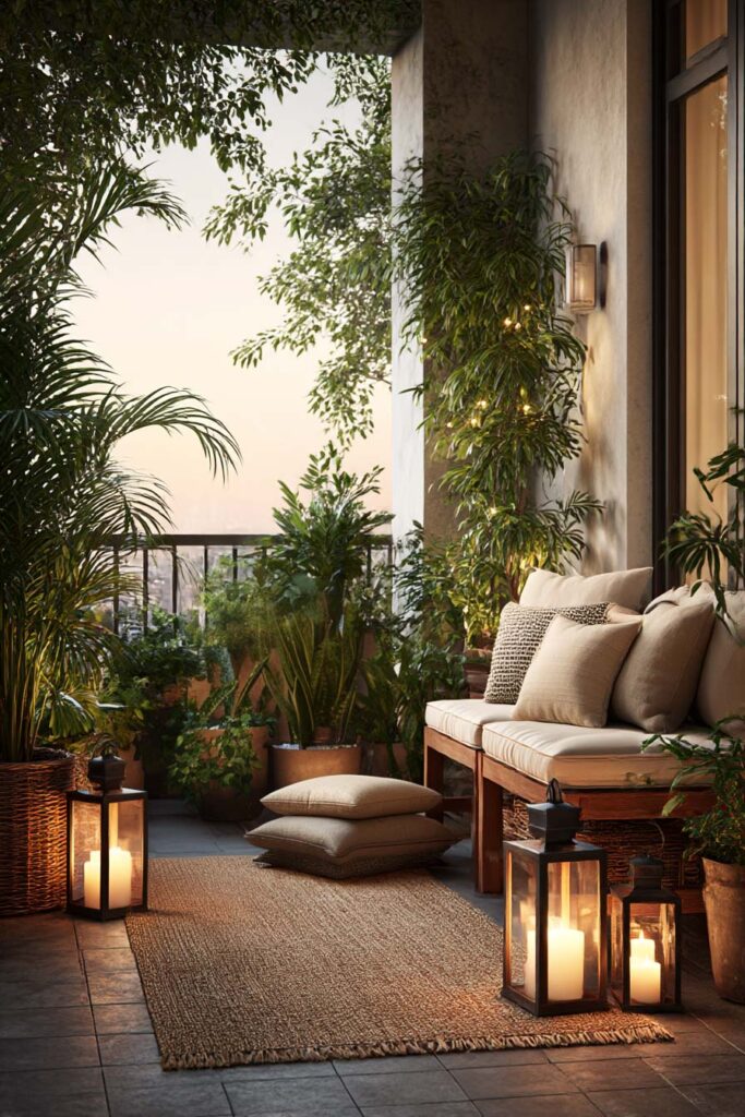 simple high-end container garden with terracotta pots, woven textures, balcony seating, lantern lighting, and layered greenery