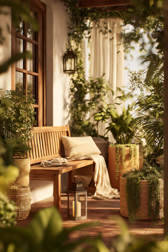 container garden styled as decor with wooden bench woven planters lantern and lush greenery on cozy patio