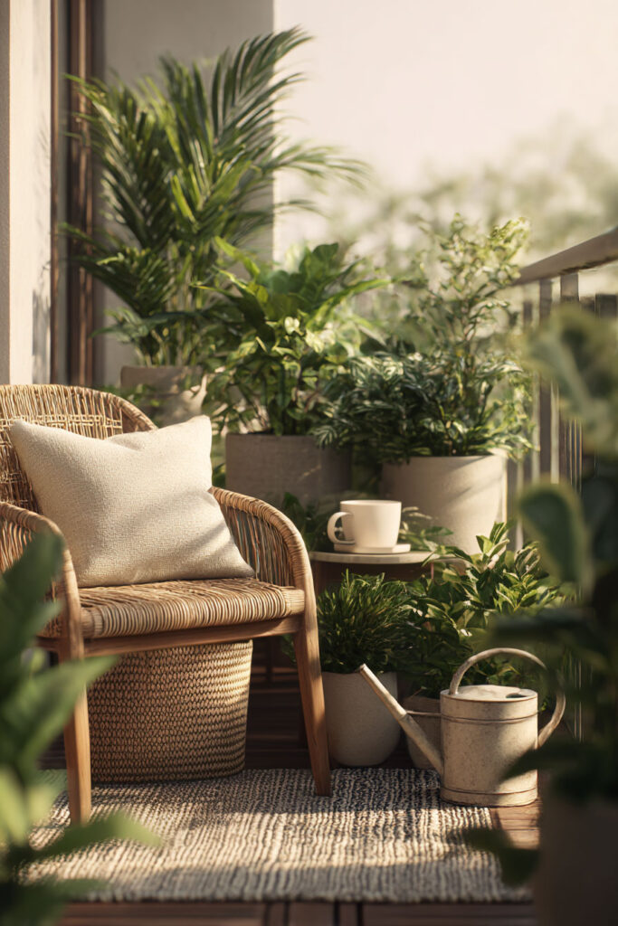 simple high-end container garden with cozy balcony seating, watering can, small table, and layered greenery in natural light