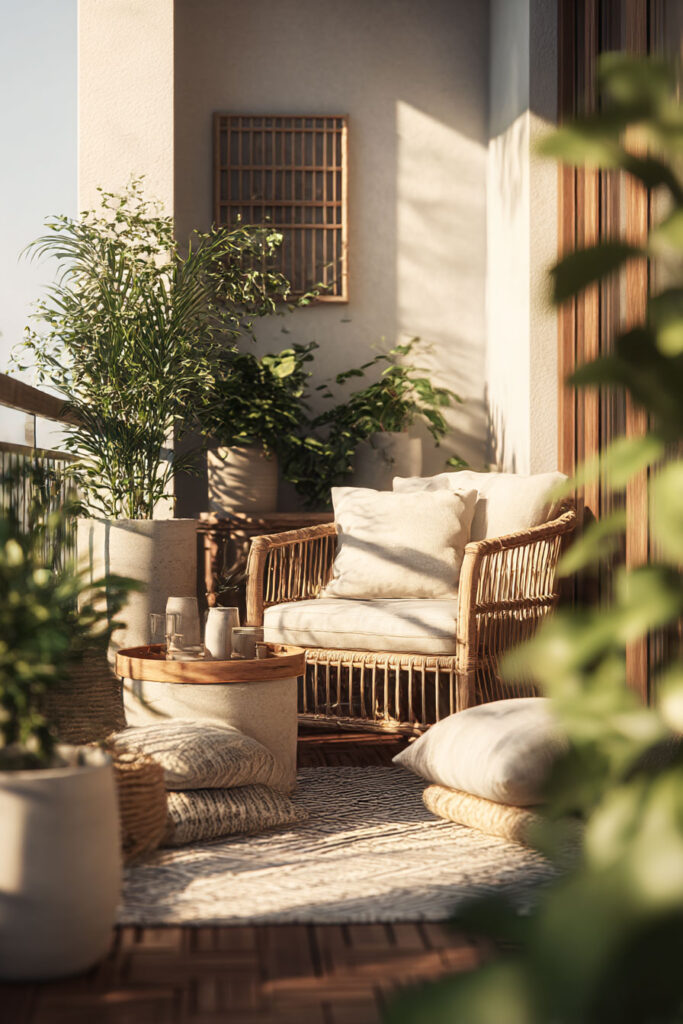 balcony container garden styled as decor with rattan chair neutral cushions layered textiles and greenery