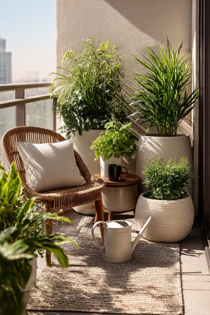 simple high-end balcony container garden with watering can, small table, cozy chair, and neutral planters in sunlight