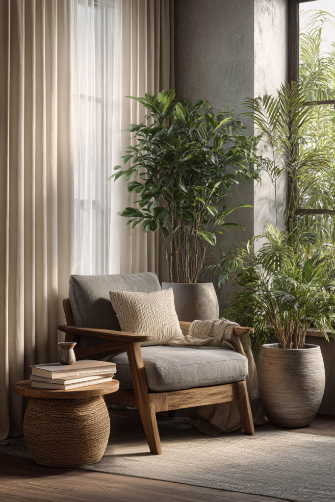 indoor container garden decor with tall plants neutral planters cozy chair and layered textures