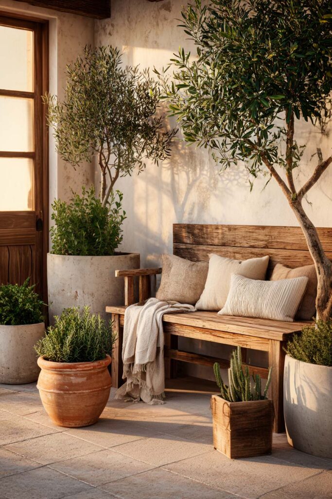 container garden styling with olive trees terracotta and stone planters on cozy patio with wooden bench seating