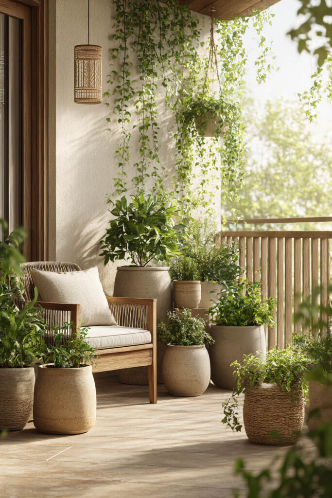 simple high-end balcony container garden with ceramic planters, woven baskets, wood chair, and trailing greenery in natural light