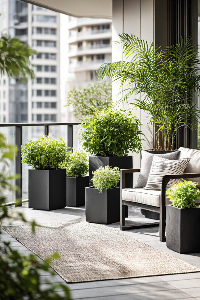 simple high-end container garden with matching black planters, modern balcony seating, and lush greenery in natural light
