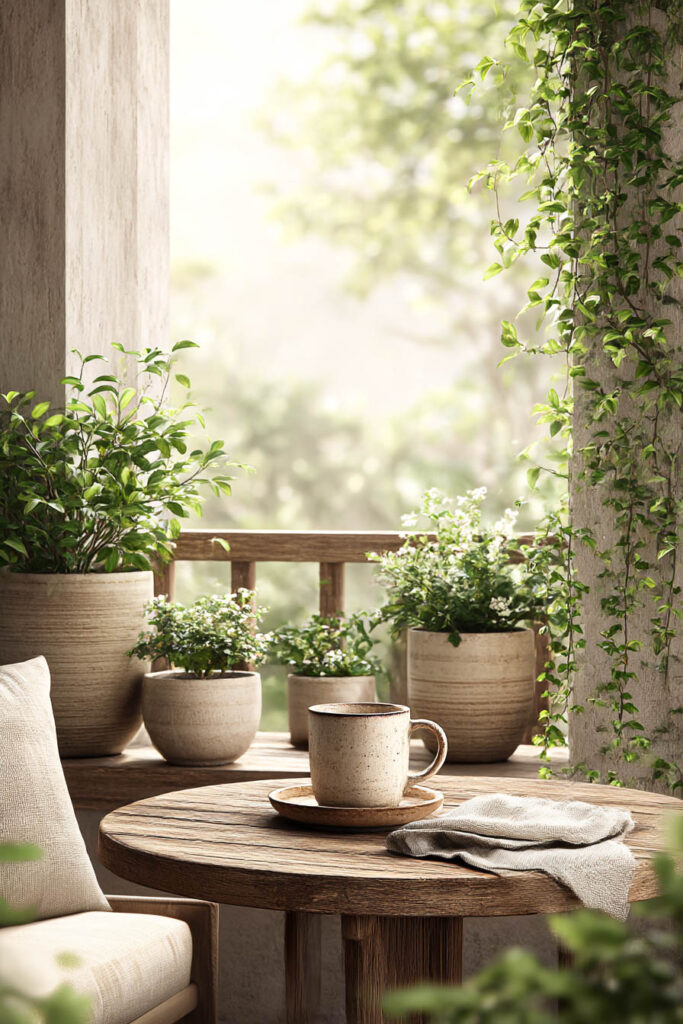 small balcony container garden with neutral ceramic planters greenery and wooden table with coffee cup