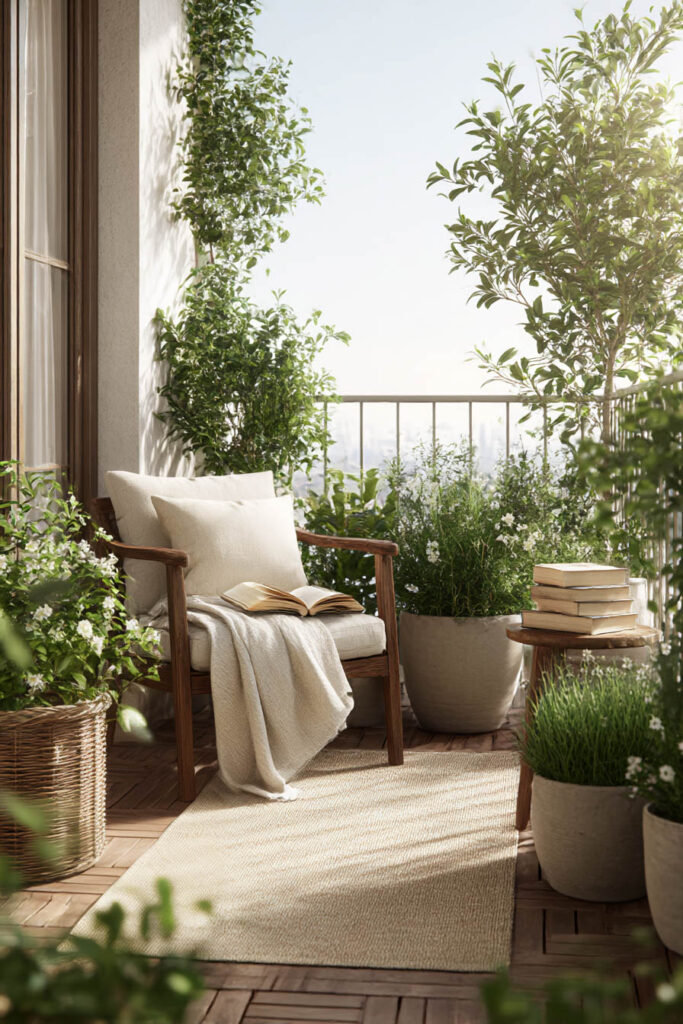 cozy balcony container garden with neutral planters woven basket greenery and chair with cushions and throw