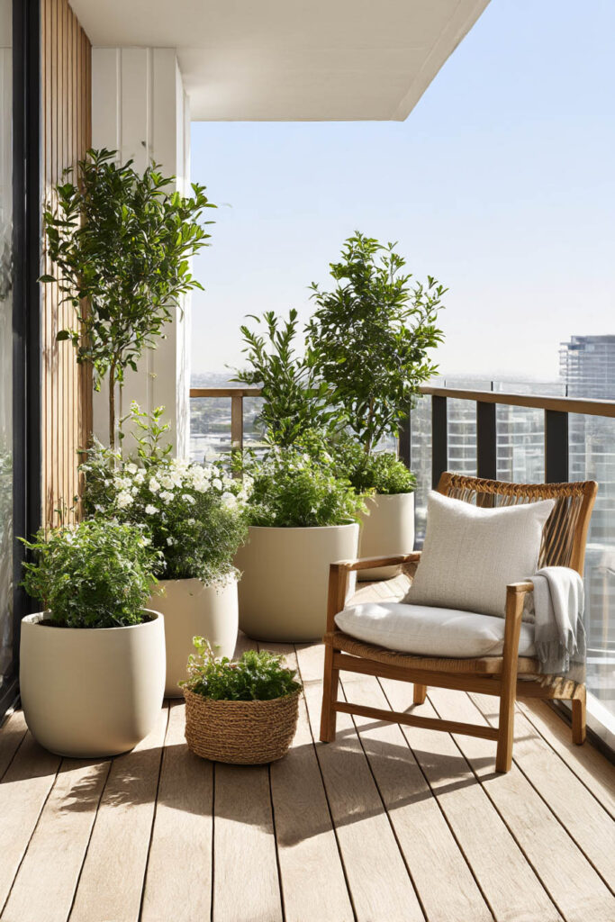 simple high-end balcony container garden with matching neutral planters, wooden chair, and lush greenery in natural sunlight