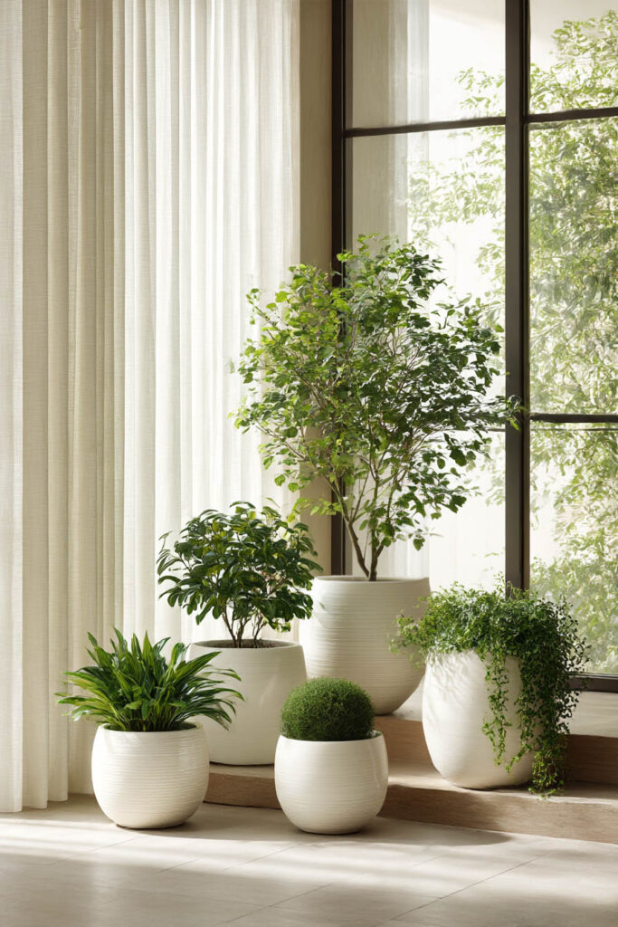simple high-end container garden with matching white planters, indoor plants, and natural light by window
