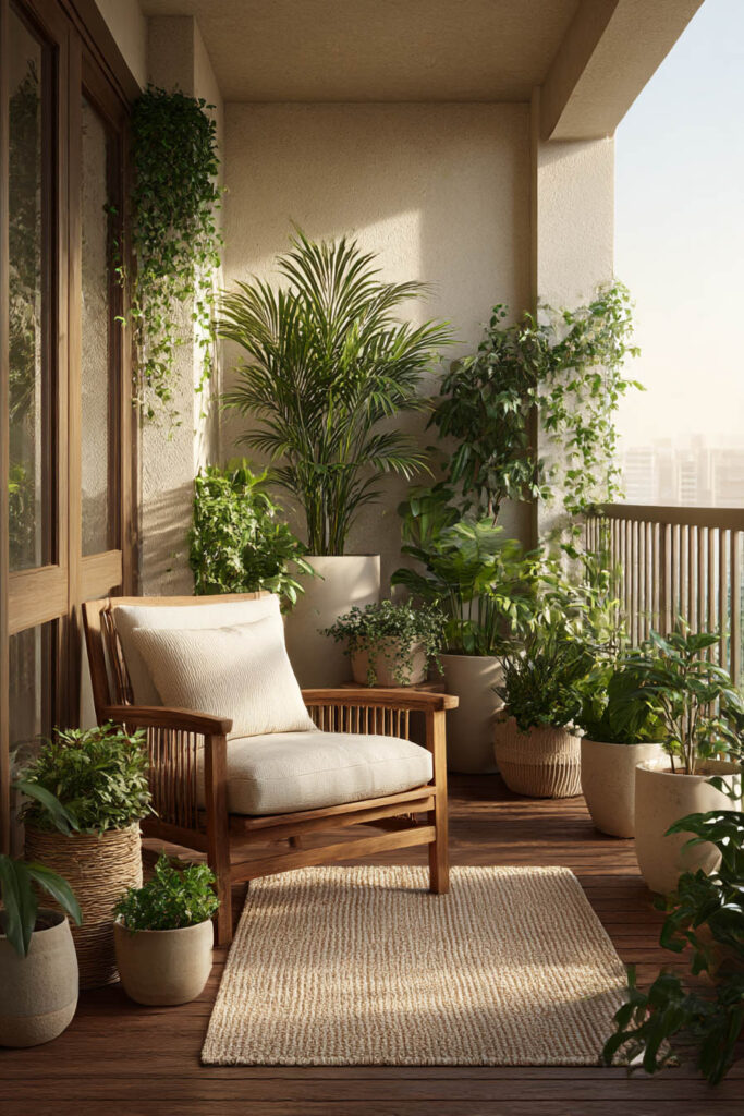 small balcony container garden styled corner with grouped plants neutral planters and cozy chair