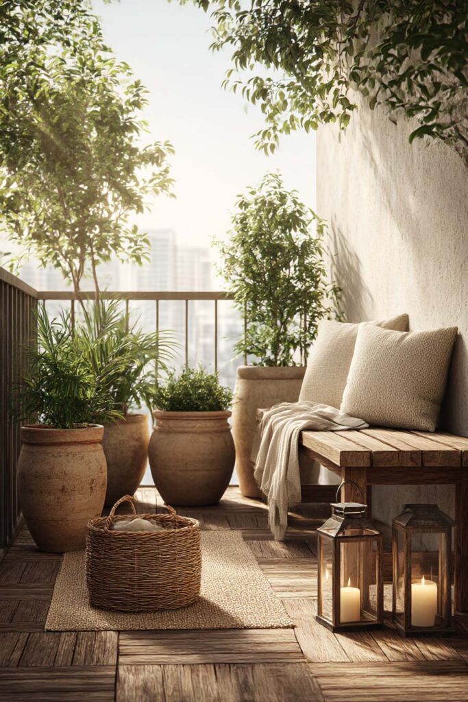 balcony container garden styled corner with terracotta pots woven basket lantern candles and wooden bench