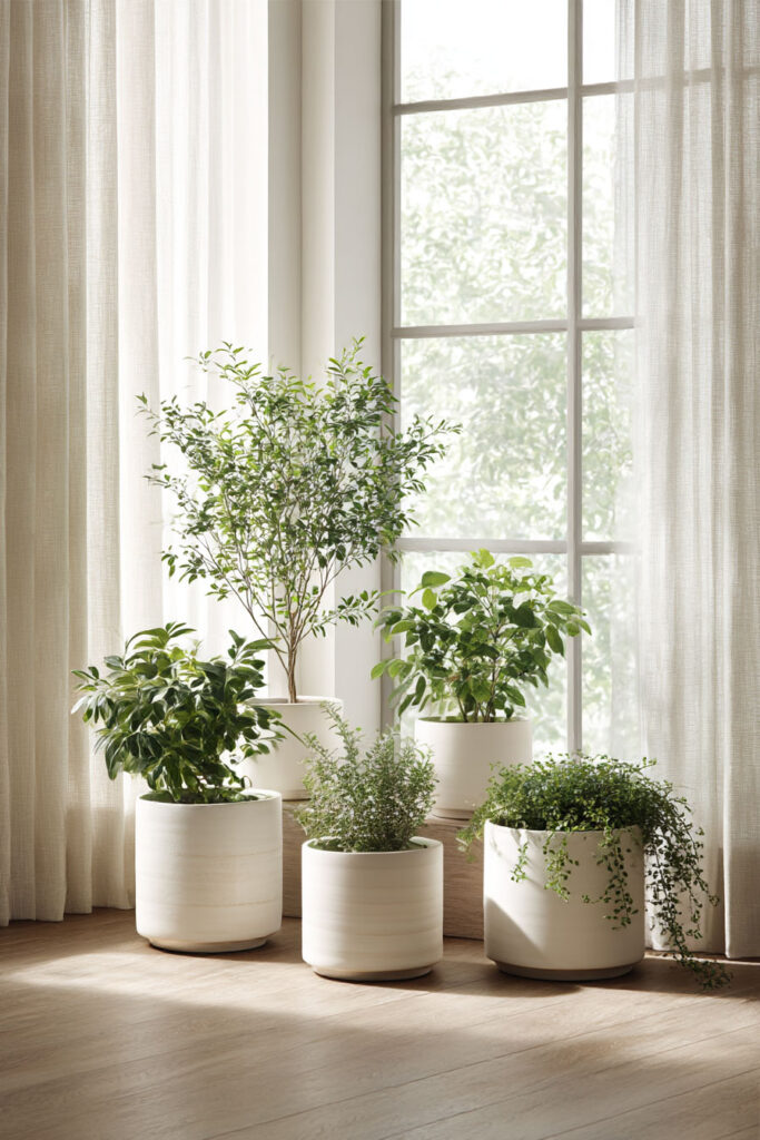 simple high-end indoor container garden with matching white planters, layered greenery, and soft natural window light