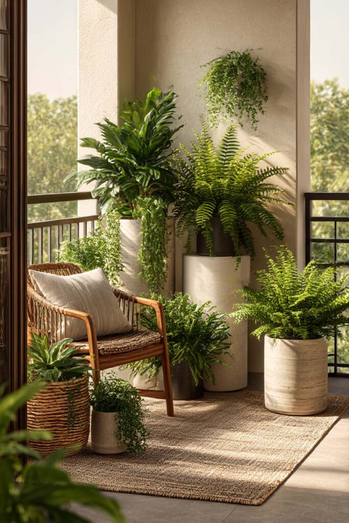 simple high-end balcony container garden with mixed greenery, ferns, trailing plants, and neutral planters in warm sunlight