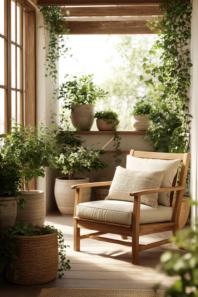 small balcony container garden with grouped plants neutral planters wooden chair and trailing greenery