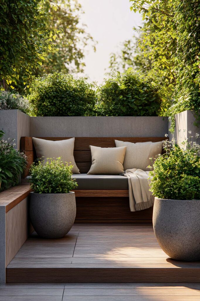 modern patio container garden with symmetrical planters neutral seating and greenery for a polished outdoor look