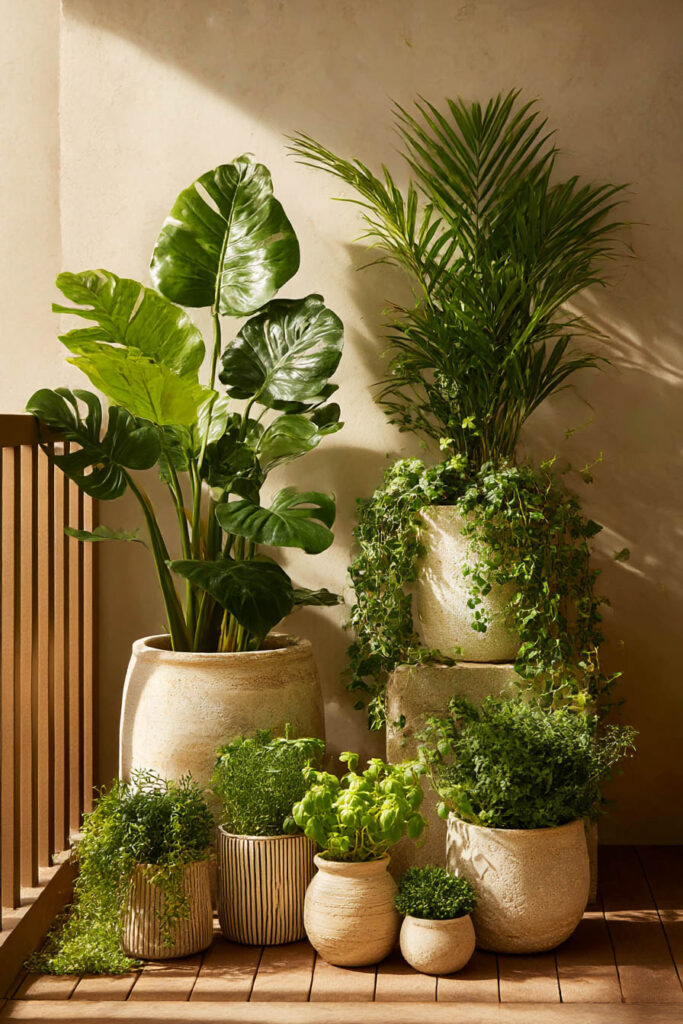 simple high-end container garden with mixed greenery, large leaf plants, trailing vines, and neutral textured planters